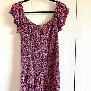Lulus Black With Pink/red Floral Pattern Off the Shoulder Dress - Size XL